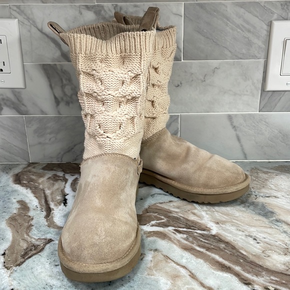 GUC UGG SAELA Knit Suede Cable Sweater Sheepskin Driftwood Cuff BOOTS Size 7 - Picture 6 of 16